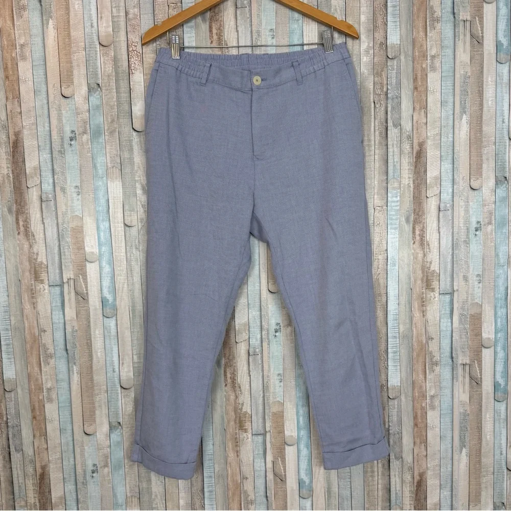 Zara L Pull On Waist Trouser Pant High Rise Relaxed Minimalist Blue Linen Spring